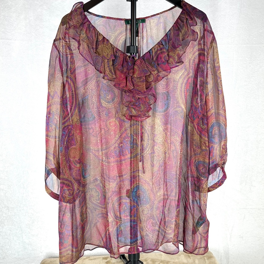 Lauren Ralph Lauren Sheer Paisley Blouse 3X Ruffle Neck Boho Chiffon Top